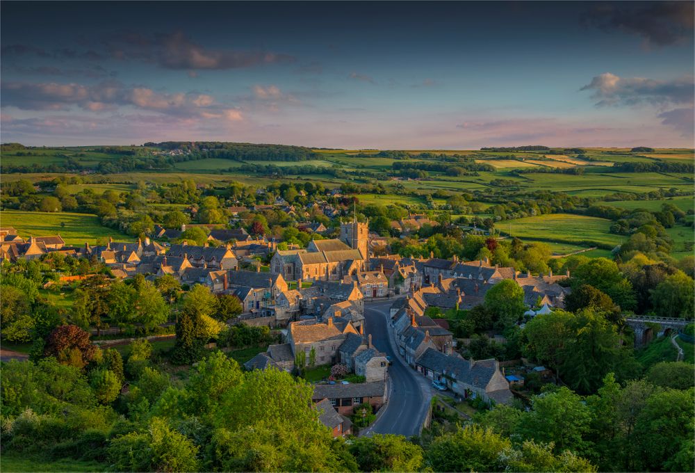 small village of Corfe on the Isle of Purbeck in warm evening light. Dorset England.