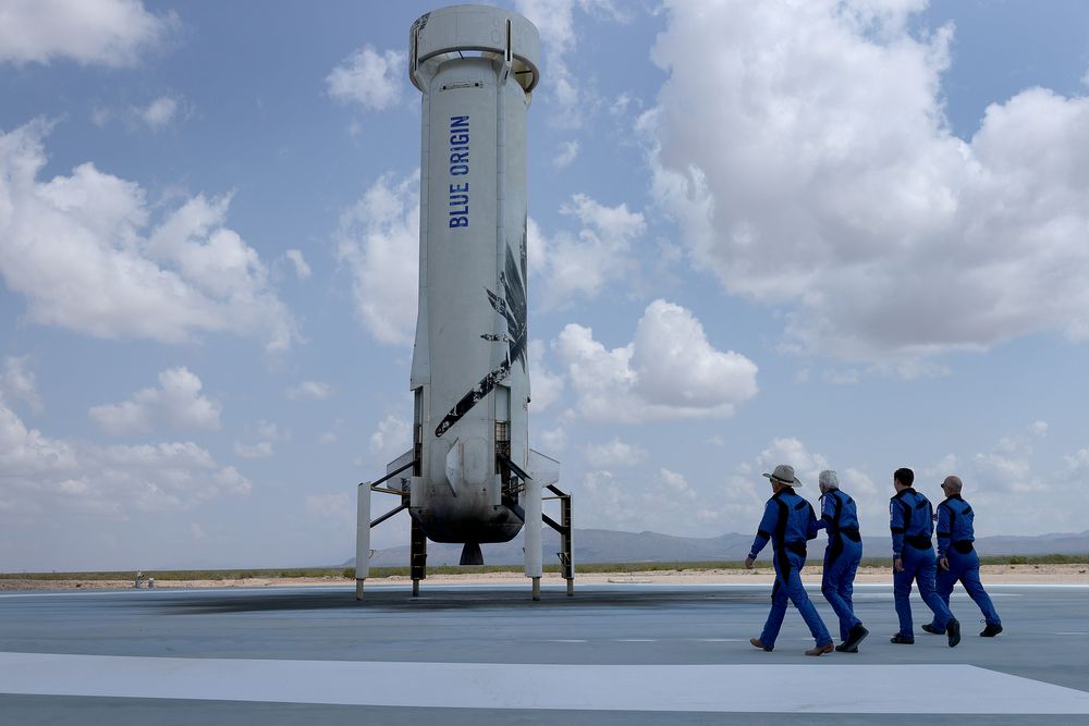 VAN HORN, TEXAS - JULY 20: Blue Origin's New Shepard crew (L-R) Jeff Bez...