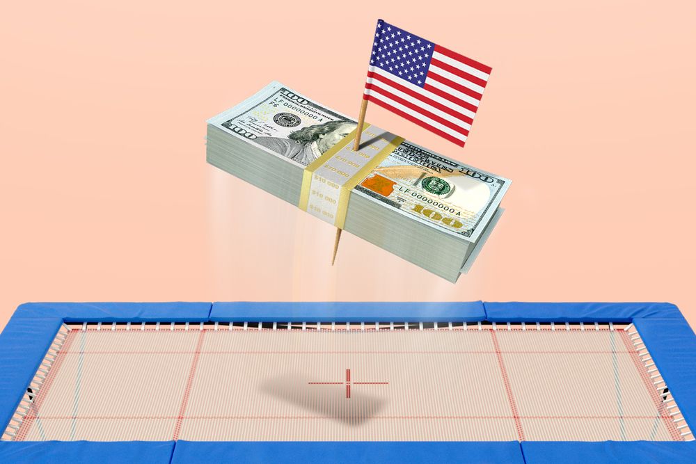 Stack of cash with American flag in it bouncing on trampoline