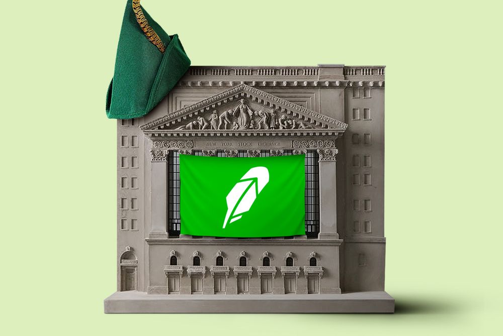 The NYSE with the Robinhood hat and logo