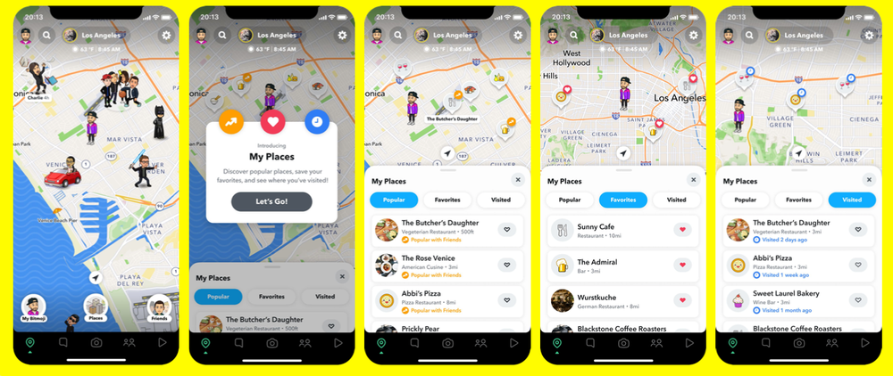 Five screenshots of Snapchat's 