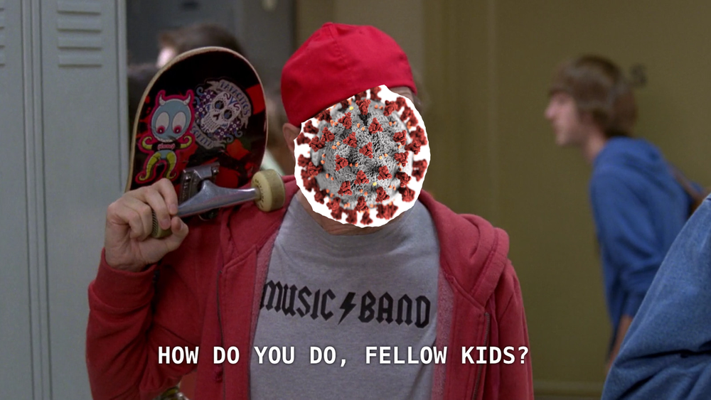 "How do you do, fellow kids?" meme with Covid virus as Steve Buscemi