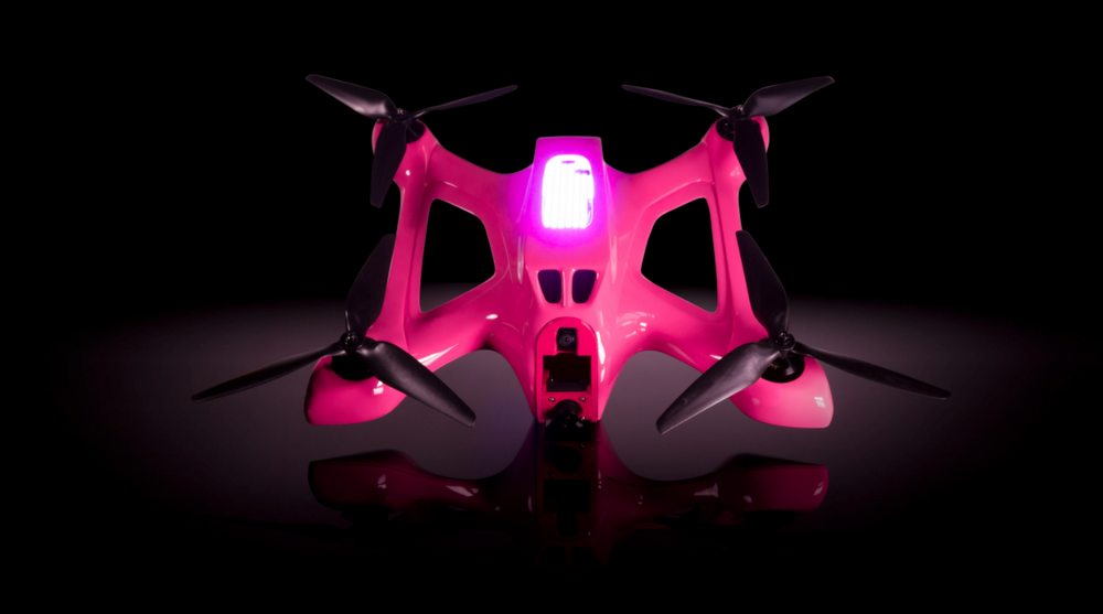 5G racing drone from Drone Racing League, with T-Mobile magenta painted on its body