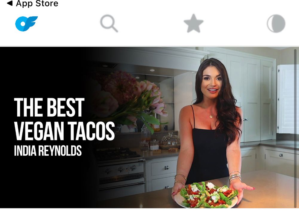 Screenshot from OFTV app featuring a vegan taco video