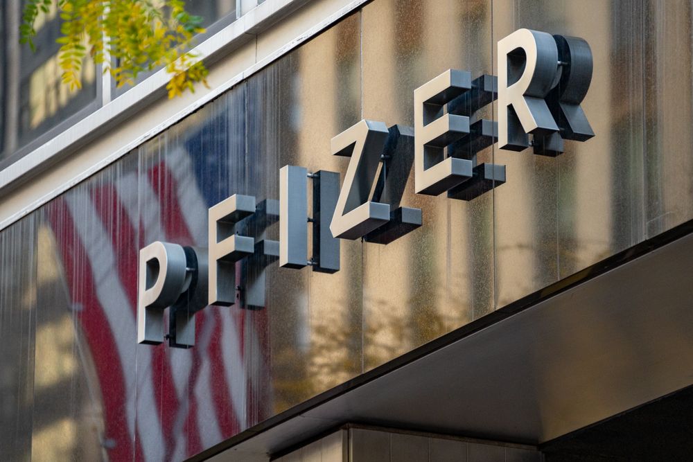 NEW YORK, NY - NOVEMBER 09: A sign for Pfizer is seen outside the Pfizer...