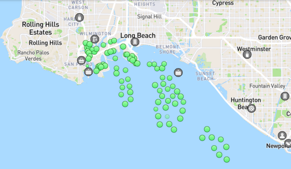 Cargo ships waiting to get into the port of Long Beach 