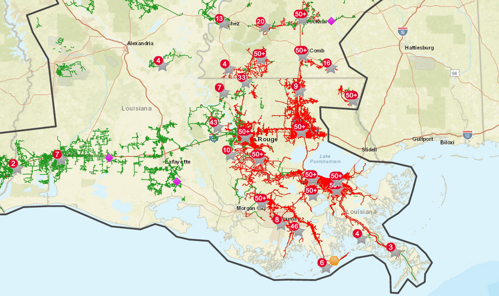 A huge number of power outages represented by red lines on a map of Southern Louisiana after Hurrican Ida