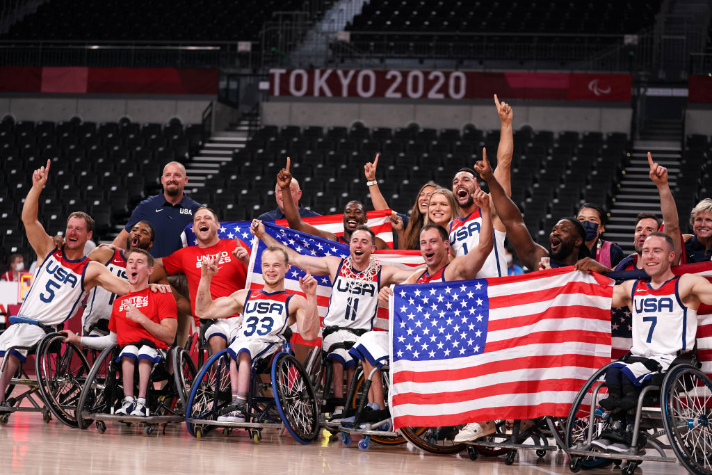 US men's paralympic basketball team celebrating a gold medal