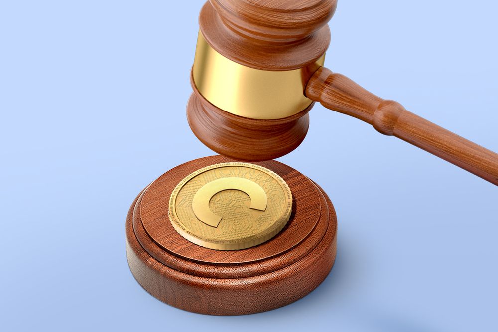 A gavel about to hit the Coinbase logo