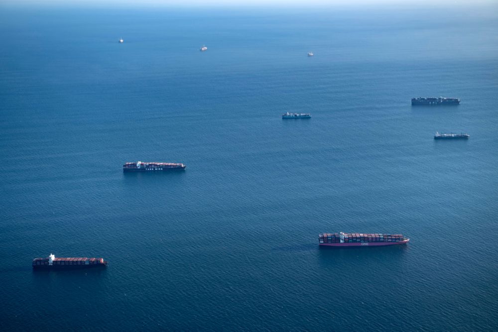 TOPSHOT - Cargo ships are seen of the port of Long Beach in Long Beach, ...