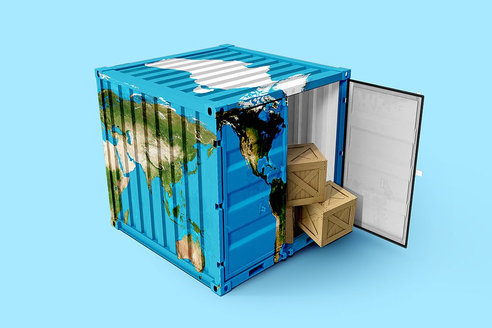 Shipping crate with world geography overlaid 