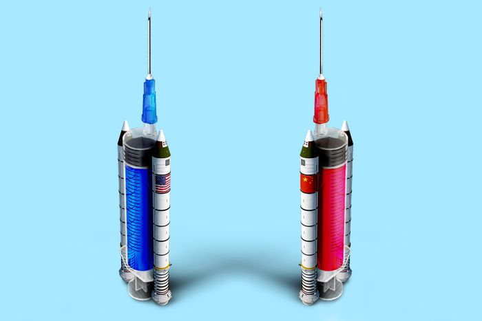Two syringes shaped like rockets 