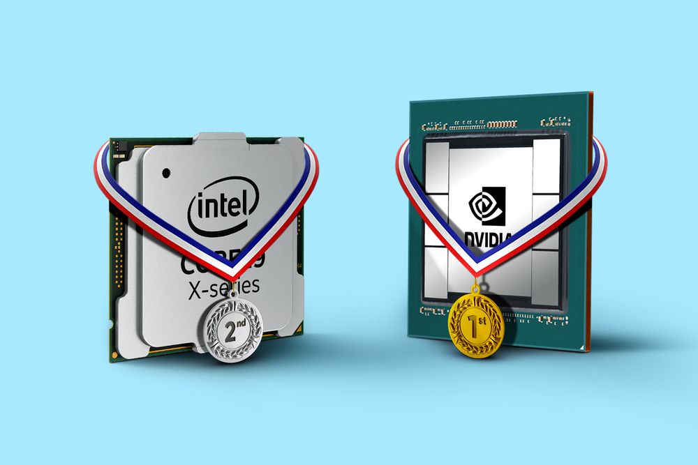 Nvidia chip with gold medal, Intel chip with silver