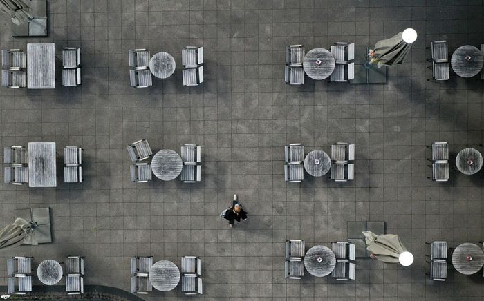 Overhead view of socially distanced restaurant 