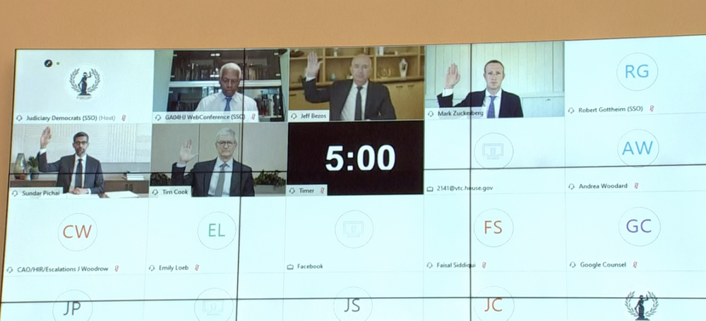 Tech CEOs raising their hands on a virtual call for antitrust hearing