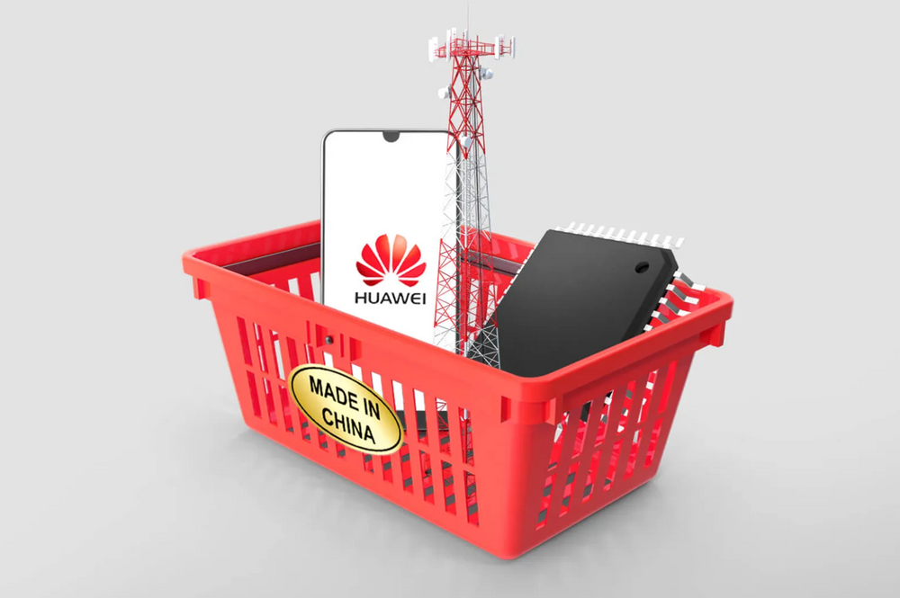 Huawei phone, wireless communications tower, and semiconductor in a basket with "made in China" label