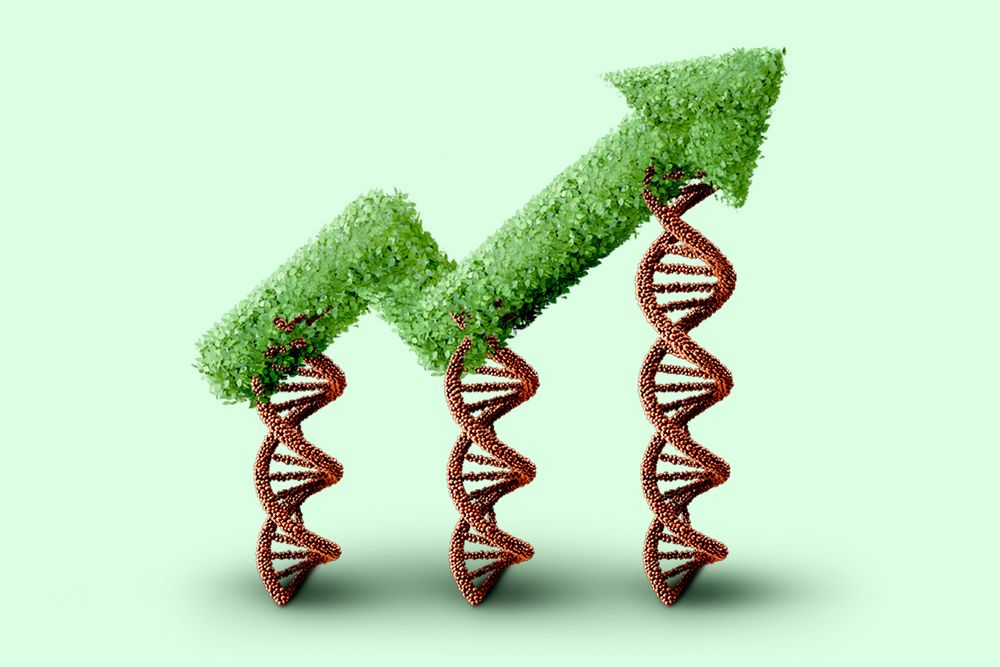 Double helixes holding up a green arrow