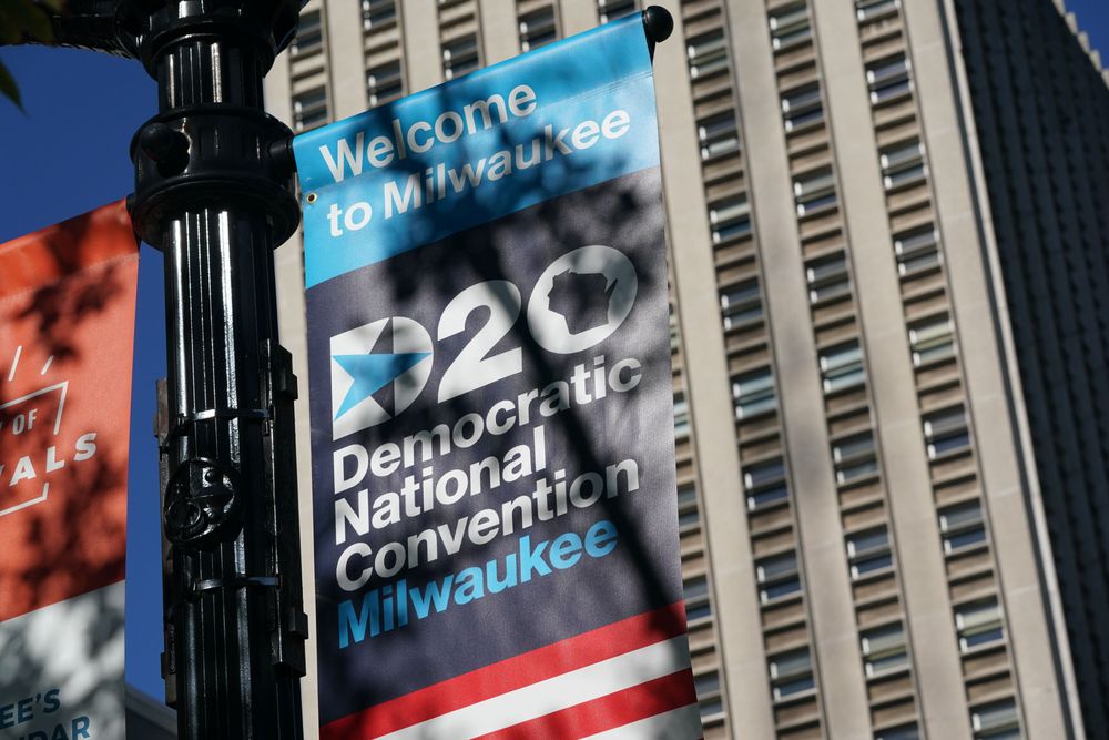 A sign advertises the convention at Wisconsin Center, home to the 2020 Democratic National Convention in Milwaukee