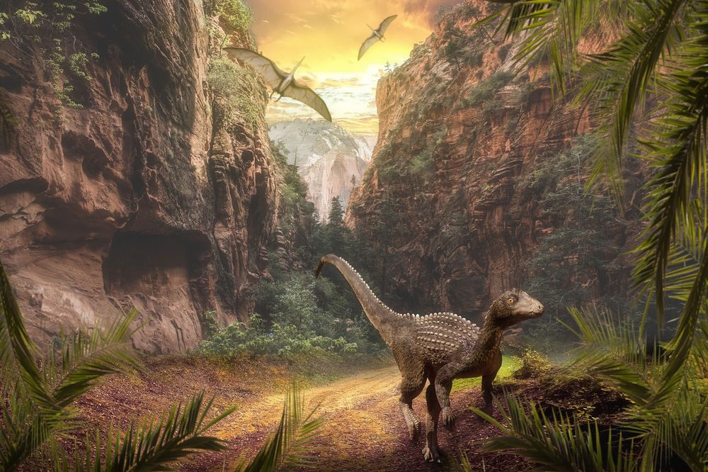 a dinosaur in a canyon