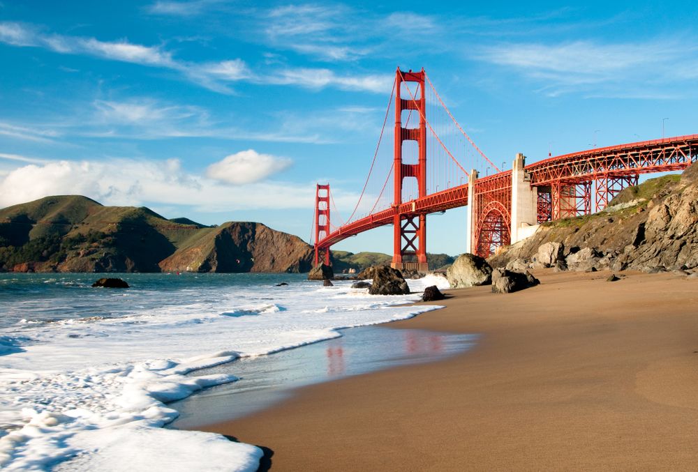 shot of the Golden Gate Bridge from the beach 