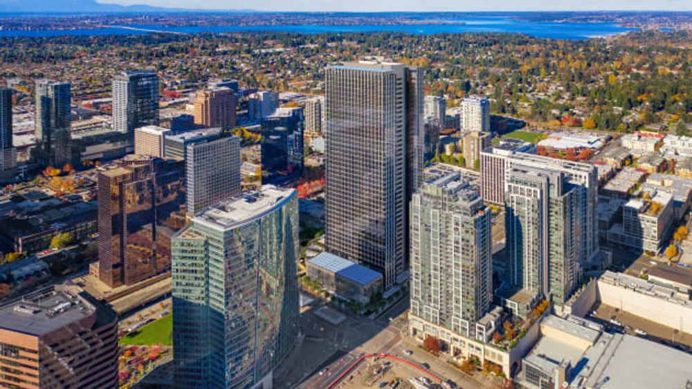 A rendering of office Amazon office buildings in Bellevue, WA