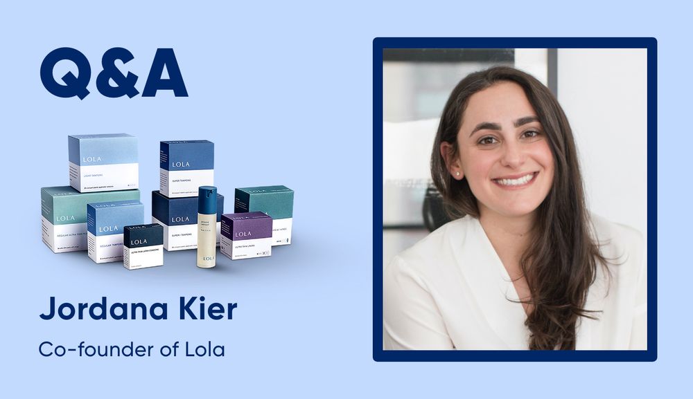 Jordana Kier co-founder at Lola on a purple background with Lola products