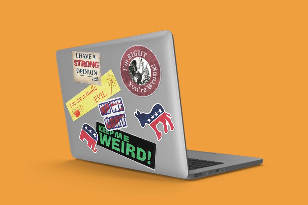 Laptop with political stickers on it 