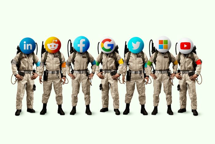 LinkedIn, Reddit, Facebook, Google, Twitter, Microsoft, YouTube coronavirus misinformation rapid response team wearing ghostbusters outfits