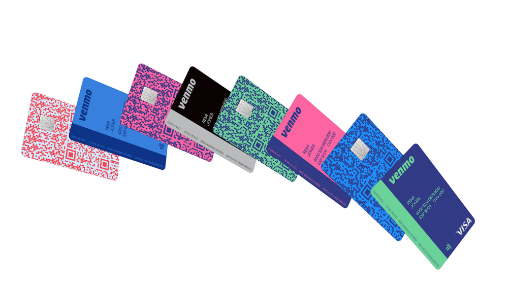 An illustration of Venmo's new credit cards in multiple colors