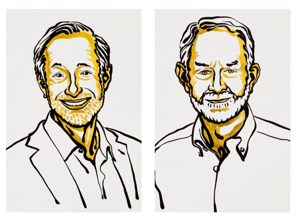 Illustrated portraits of Paul Milgrom and Robert Wilson