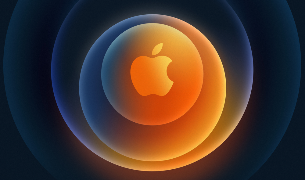 An illustration of the Apple logo overlaid with colorful transparent circles in orange and blue shades