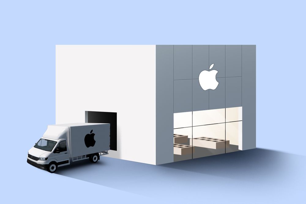 Delivery truck pulling up to an Apple store