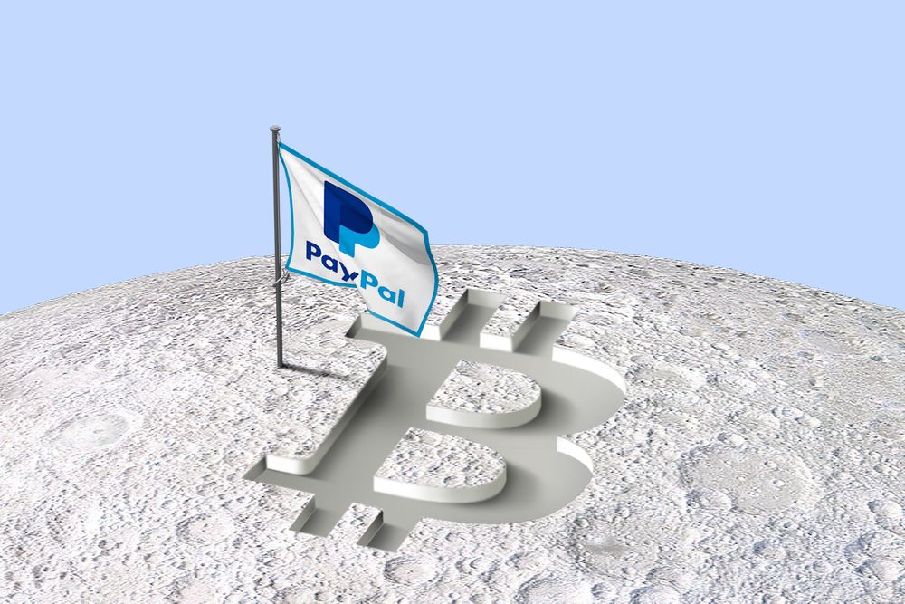 A PayPal flug next to a Bitcoin symbol on the moon