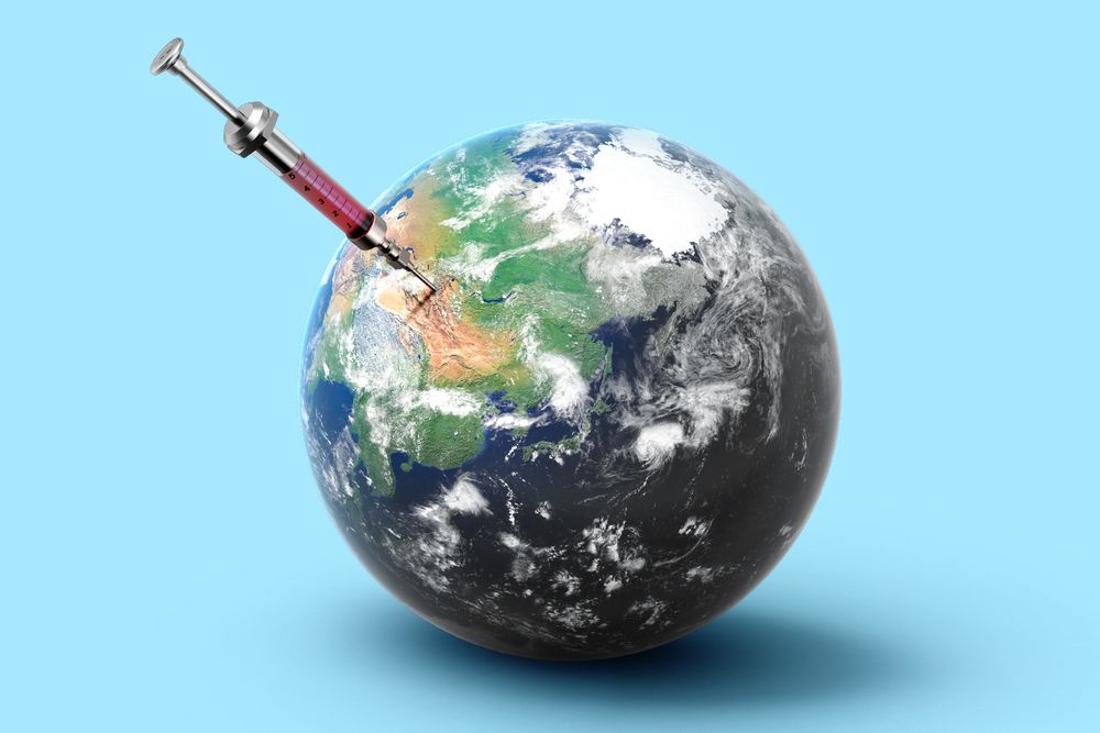 An illustration of a vaccine shot being administered to the globe; where the shot is entering Earth, the sea and ground are colored. On the other side, everything is black and white. 