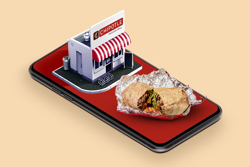 A Chipotle burrito and a storefront on top of a smartphone 