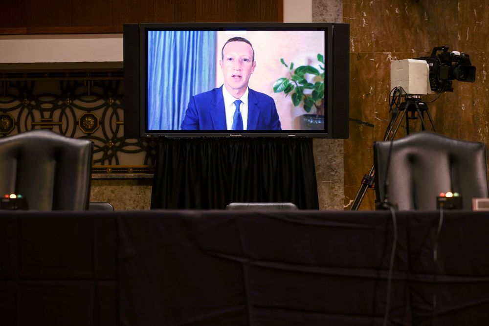 Mark Zuckerberg testifying to a Senate committee via webcam 