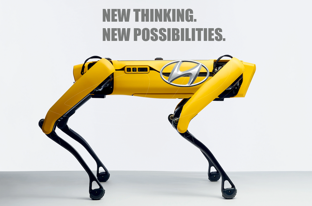 Boston Dynamics Spot robot with Hyundia logo and tagline