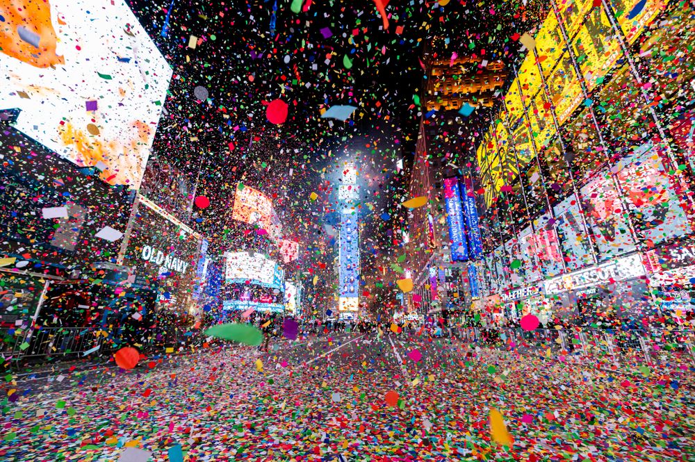 NEW YORK, NEW YORK - DECEMBER 31: Times Square sits empty while firework...