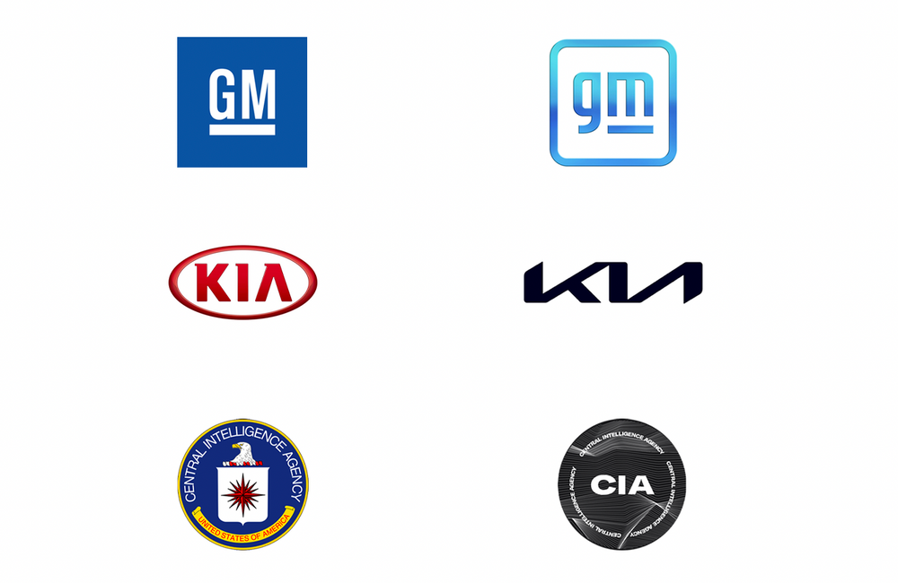 Old and new logos for GM, KIA, and the CIA