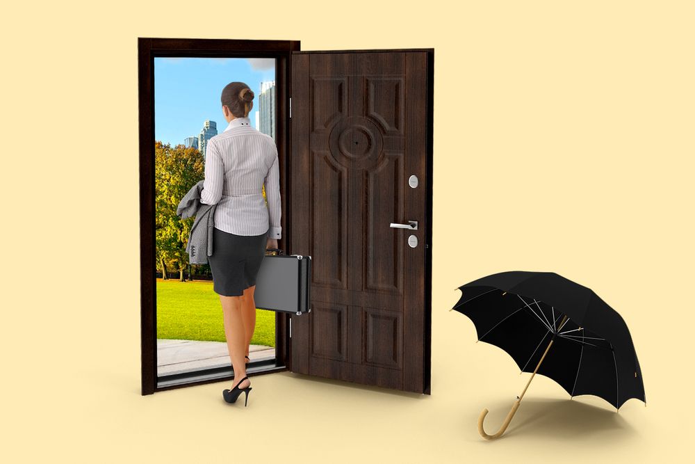 Banker walking out of a door leaving an umbrella behind