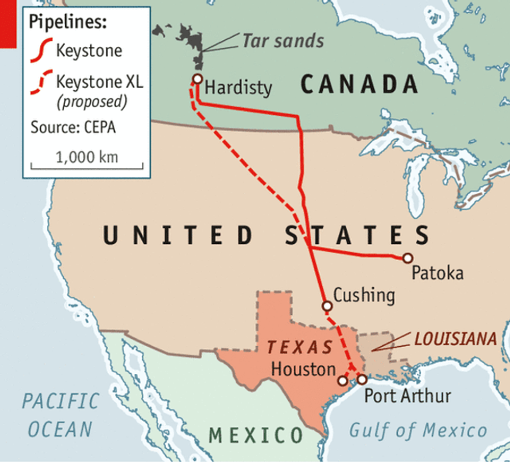A map showing the path of the Keystone XL pipeline. The original pipeline goes east from Hardisty, Canada and straight down the middle of the US to Cushing, TX, and Patoka, IN. The proposed XL detour cuts through Montana, South Dakota, and Nebraska. 