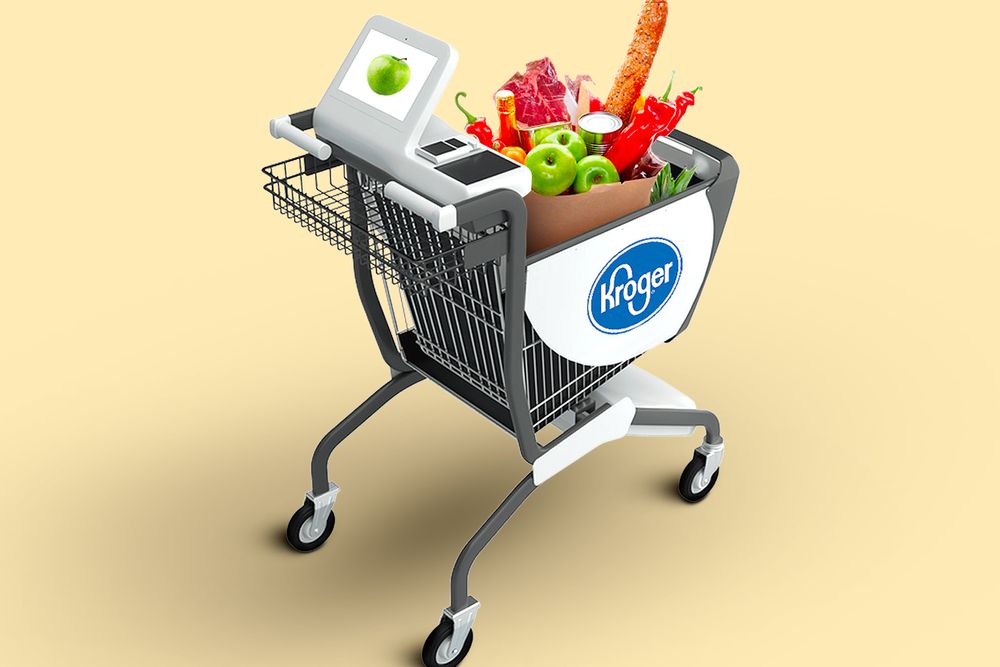 Rendering of Kroger's KroGo smart cart filled with groceries