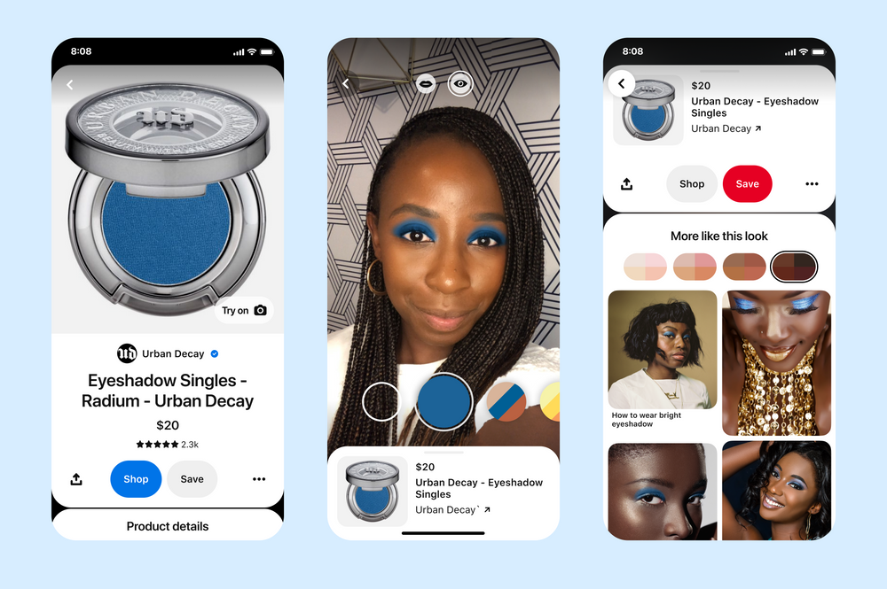 Screenshots of phases to use Pinterest's AR Makeup try-on tools