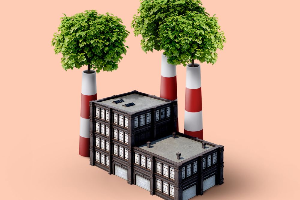 An illustration of a generic-looking brick factory; trees are growing out of the top of its three smokestacks