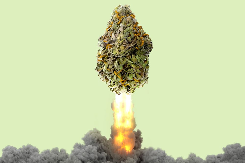 A marijuana nugget shaped like a rocket taking off 