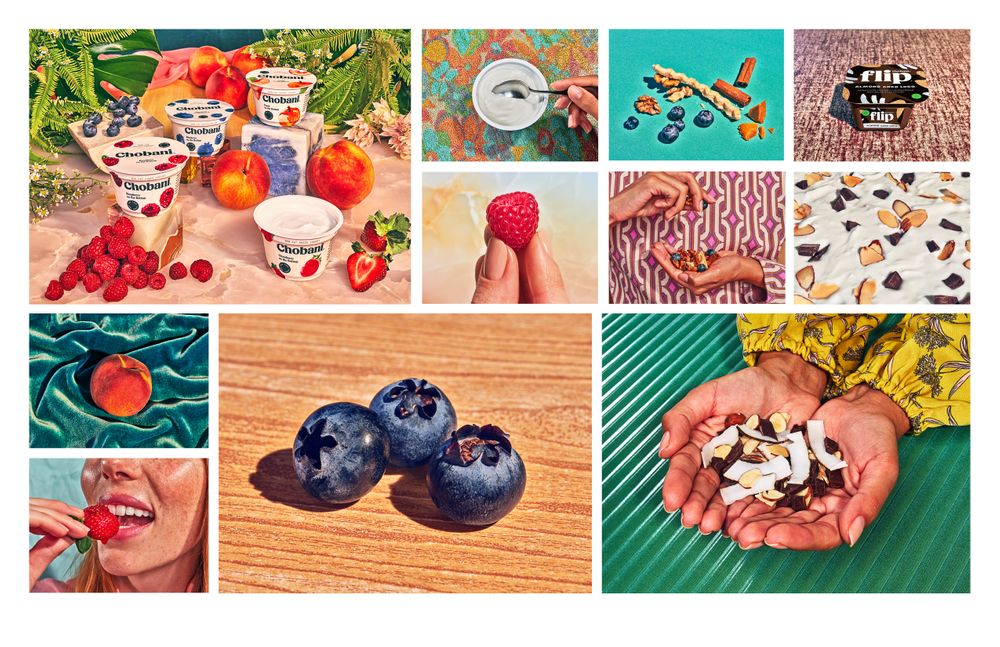 A colorful collage from Chobani showing it's yoghurt, fresh produce such as berries and peaches, and nuts and coconut