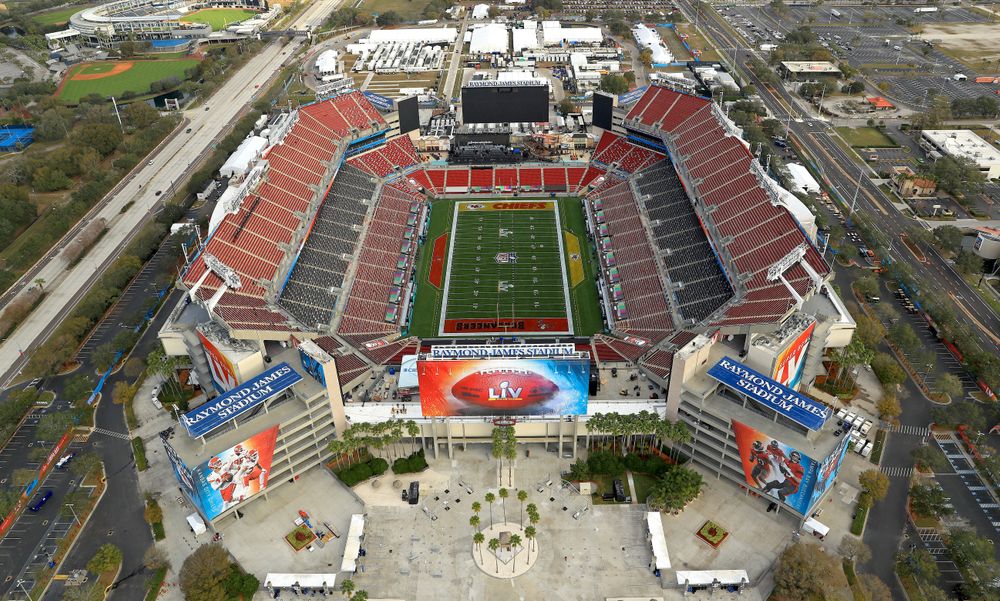 TAMPA, FLORIDA - JANUARY 31:  An aerial view of Raymond James Stadium ah...