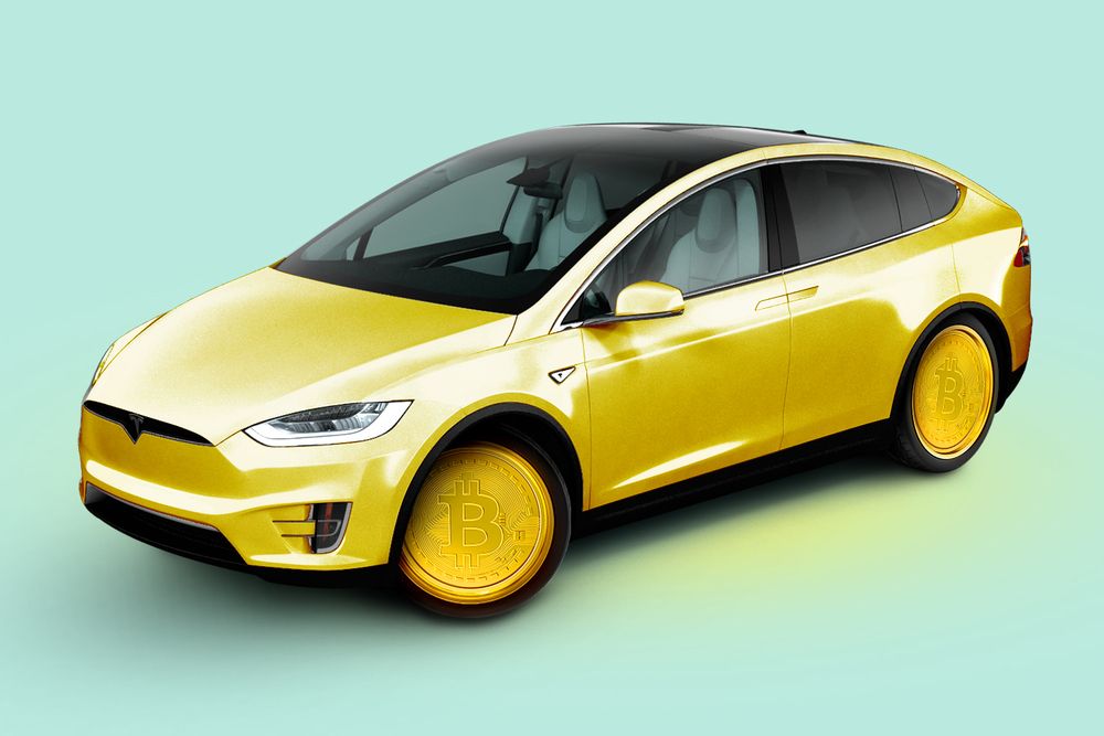 A golden Tesla with Bitcoins as wheels