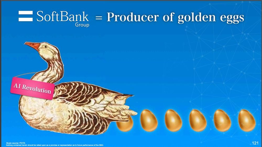 A goose laying golden eggs on a slide of a SoftBank presentation